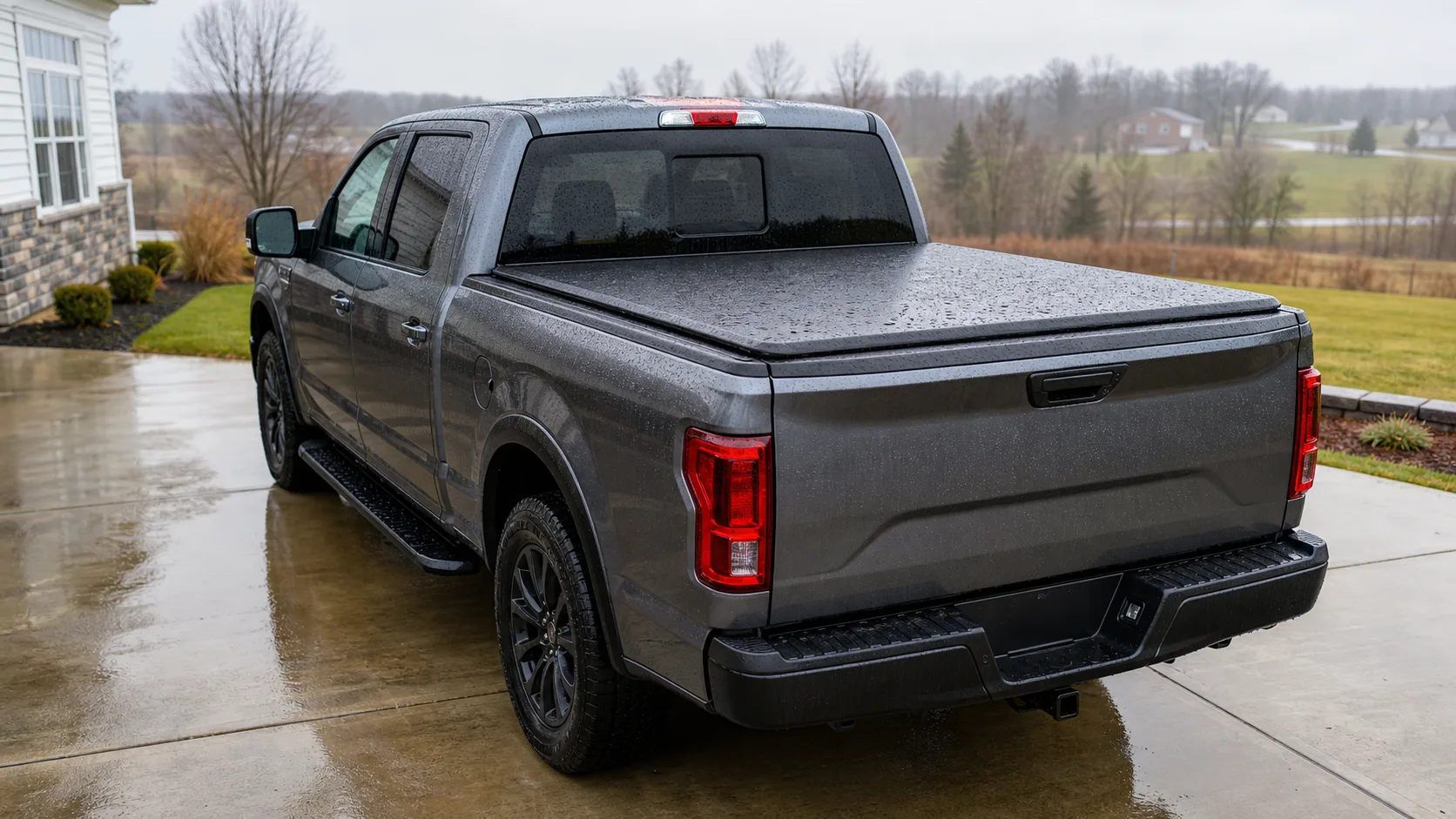 Pickup truck with a Duracover tonneau cover in the rain